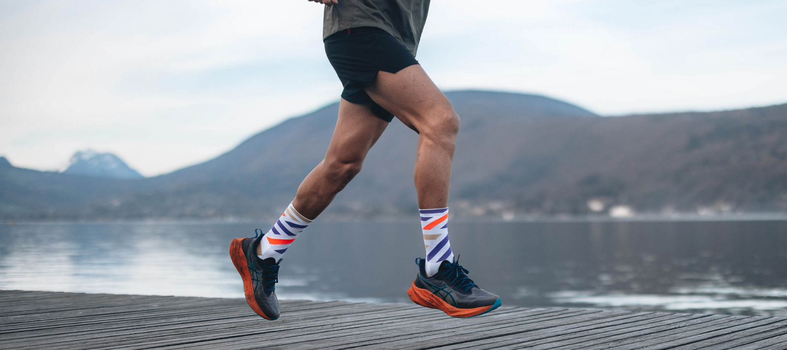 Incylence Socks Platforms White Purple on runner by lake
