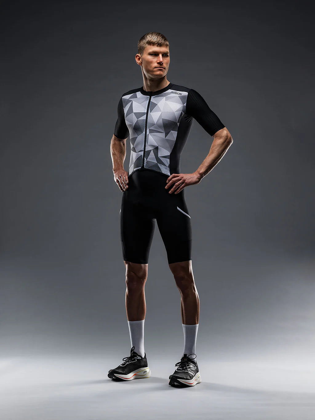 Fusion Tempo! Two tri suit in black with storage on legs and back pockets