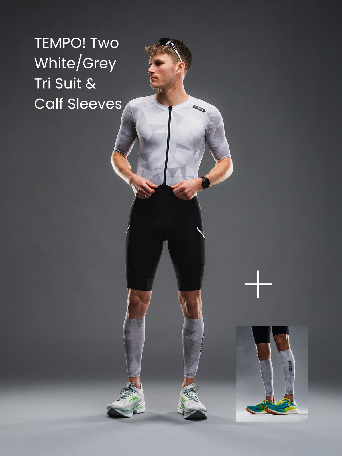 TEMPO! TWO Tri Suit White/Grey &amp; Calf Sleeves