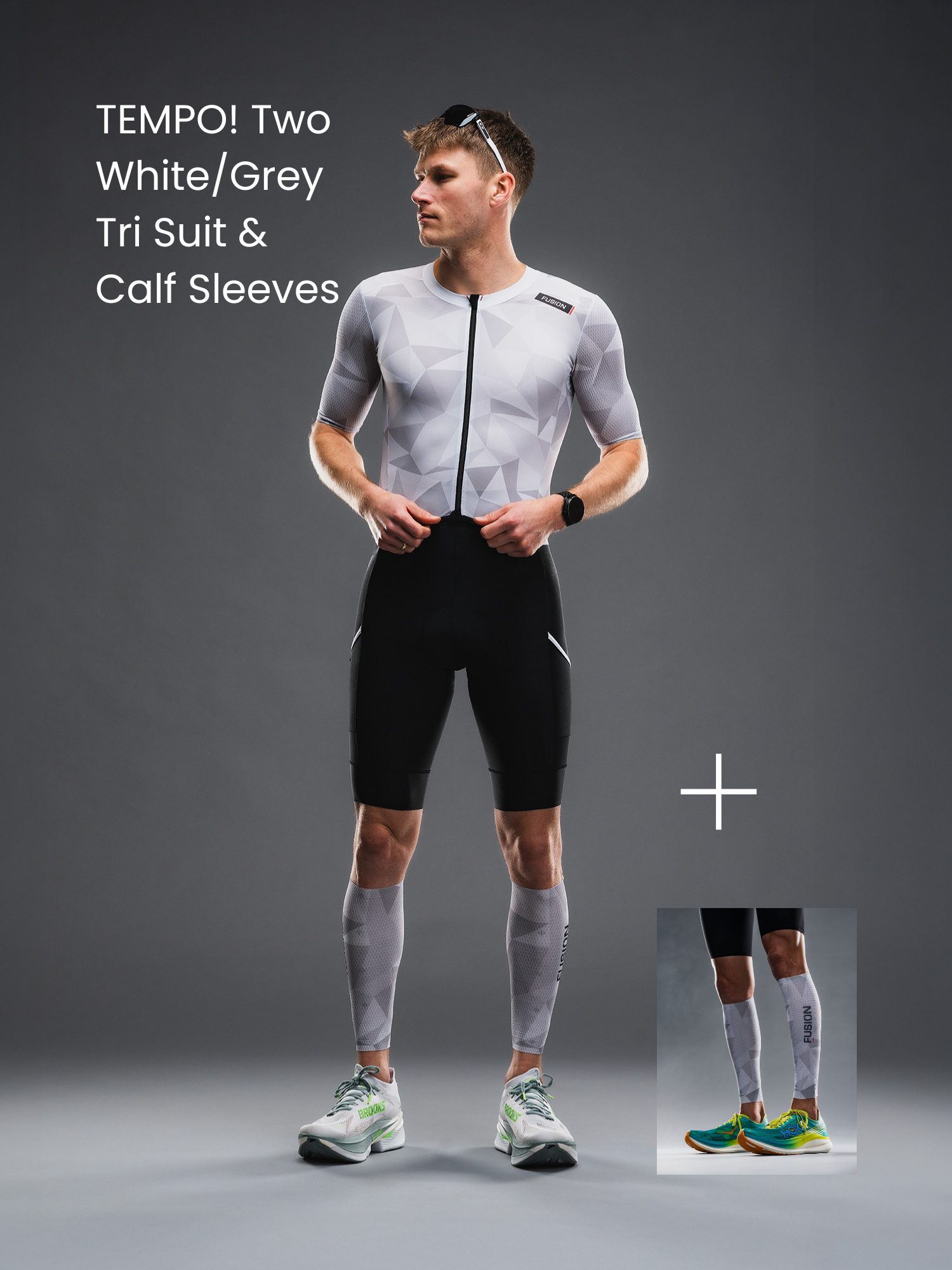 TEMPO! TWO Tri Suit White/Grey & Calf Sleeves