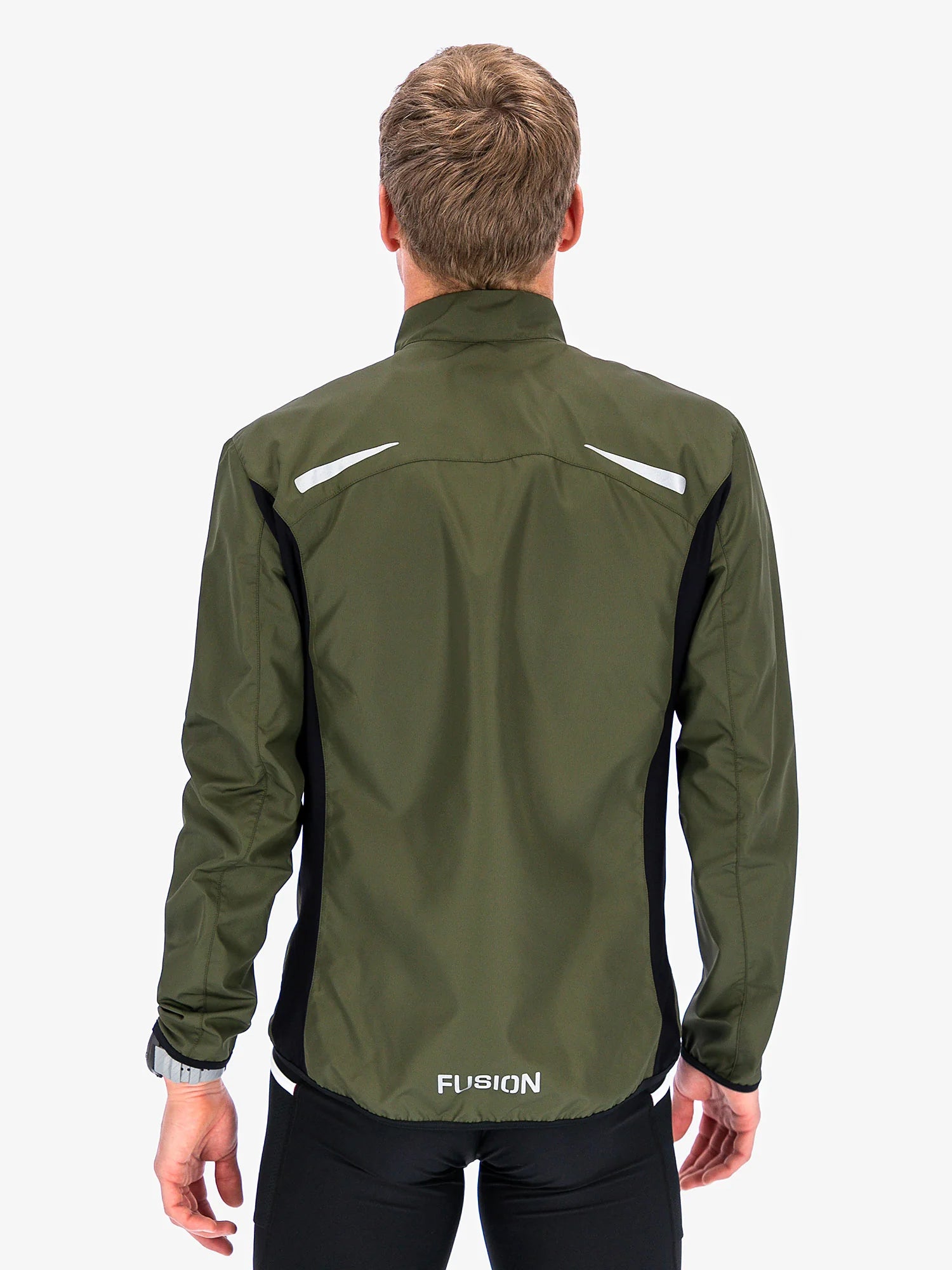Fusion Men's S1 Run Jacket in Green Back view showing 3M reflective strips