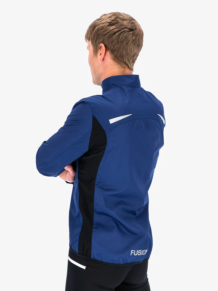 Fusion Men's S1 Run Jacket in Night Blue Side view with venilation panelscket detail and YKK Zip