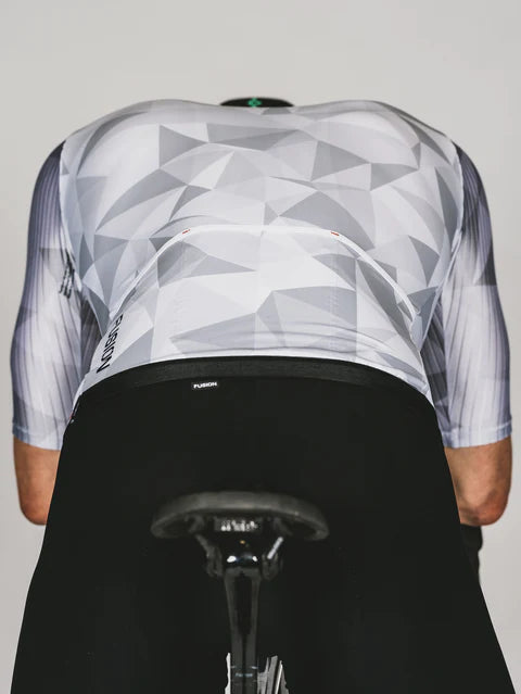 Fusion's new TEMPO! Cycle Jersey in White.Grey showing back and 3 pockets