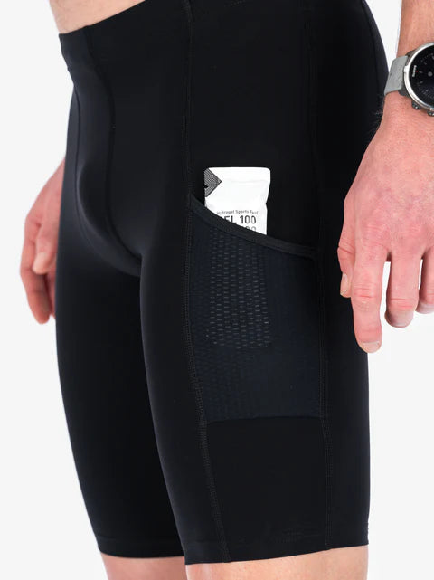 Fusion's new TEMPO! Run Tights all bLack with nutrition in mesh side pockets