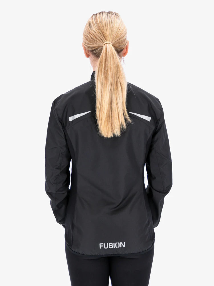 Fusion Women's S1 Run Jacket in Black back vuiew with reflective logo and strips for extra safety